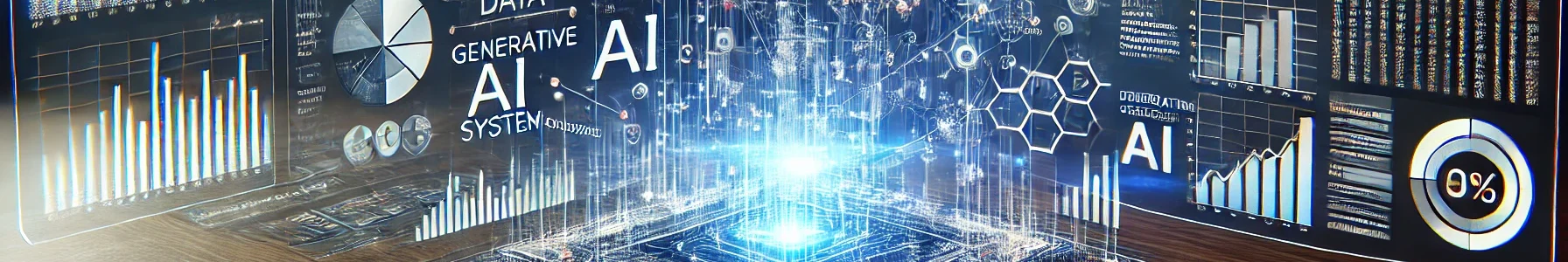 An illustration of a generative AI system analyzing vast datasets and generating new content. The scene includes a digital interface with graphs, charts
