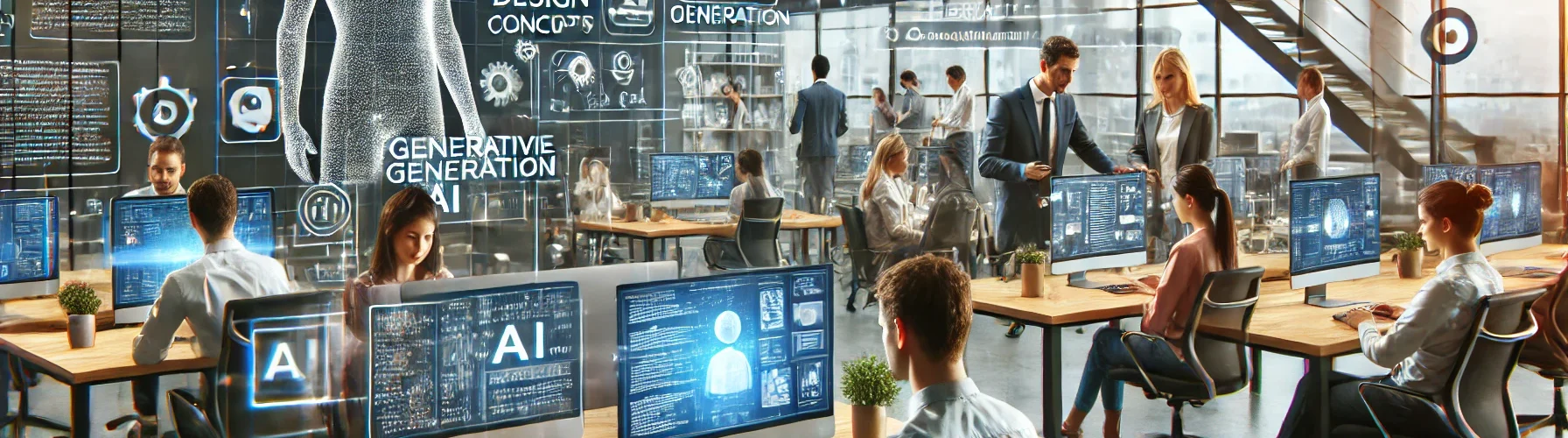 A modern office environment where generative AI is integrated into daily business operations. The setting includes diverse professionals working on computers