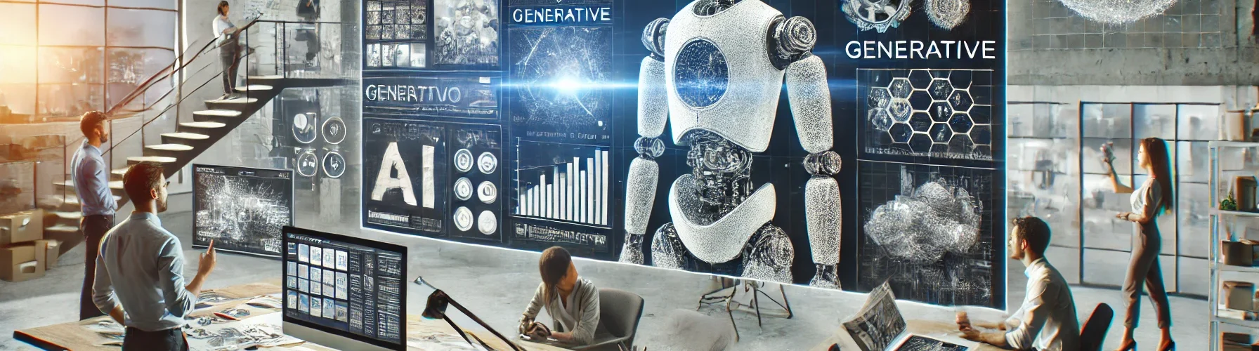 A creative workspace showcasing generative AI in product development. The image features designers collaborating with AI, viewing AI-generated products