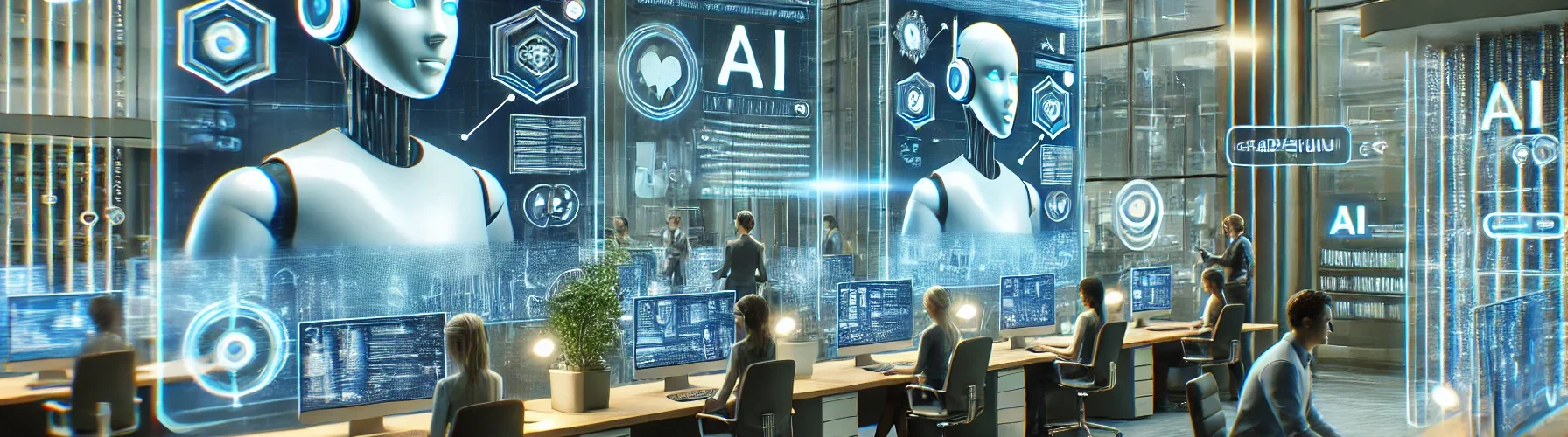 A futuristic office setting with a focus on generative AI tools in customer service. The scene includes AI-powered chatbots displayed on computer screens