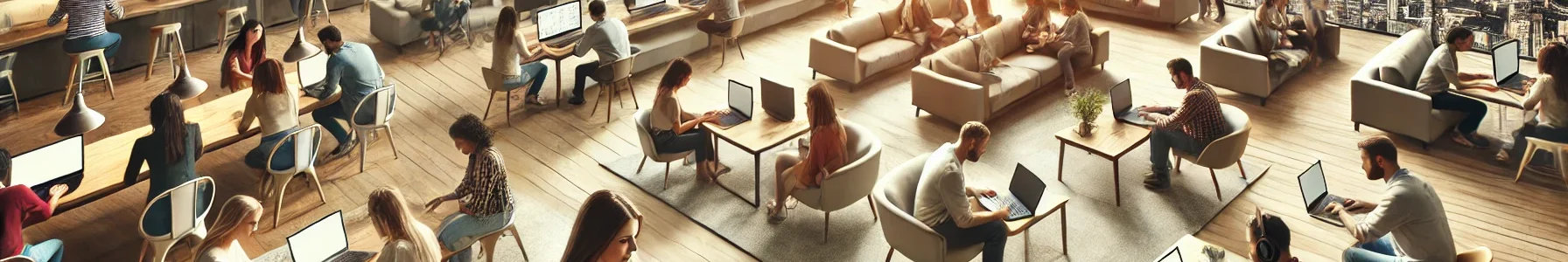 Showing a diverse group of virtual assistants working remotely on their laptops. They are in different environments like home