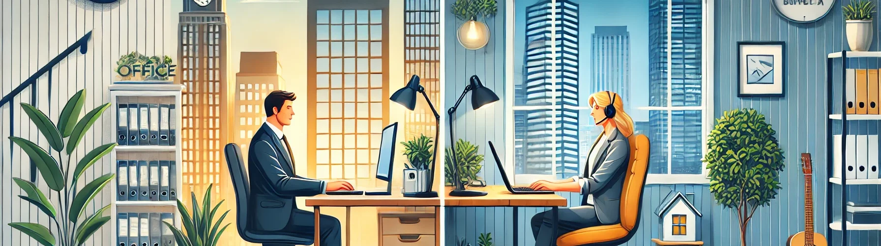 Depicting a comparison between a traditional personal assistant working in an office setting and a virtual assistant working remote