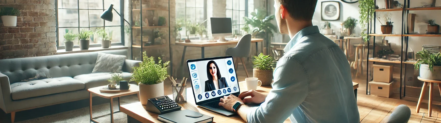 showing a small business owner in a relaxed setting, using a laptop to communicate with a virtual assistant.