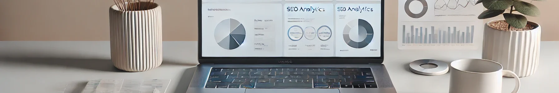 a laptop on a minimalist desk, with a few key digital marketing elements subtly present, like a notebook and pen, showing SEO