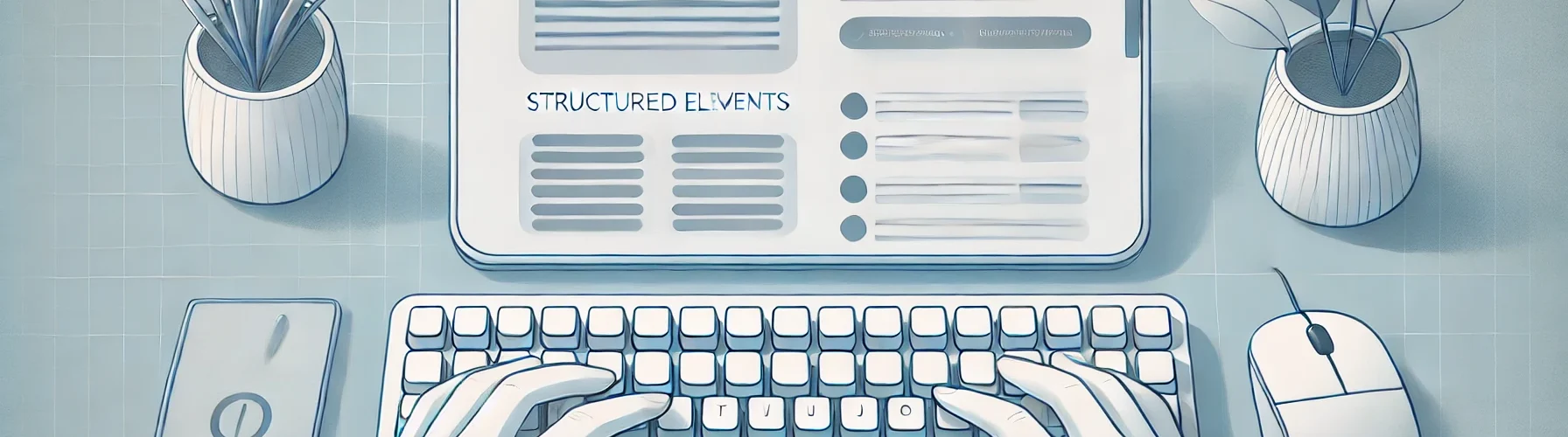 showing a person typing on a keyboard, with a focus on the screen displaying a webpage with structured data elements.
