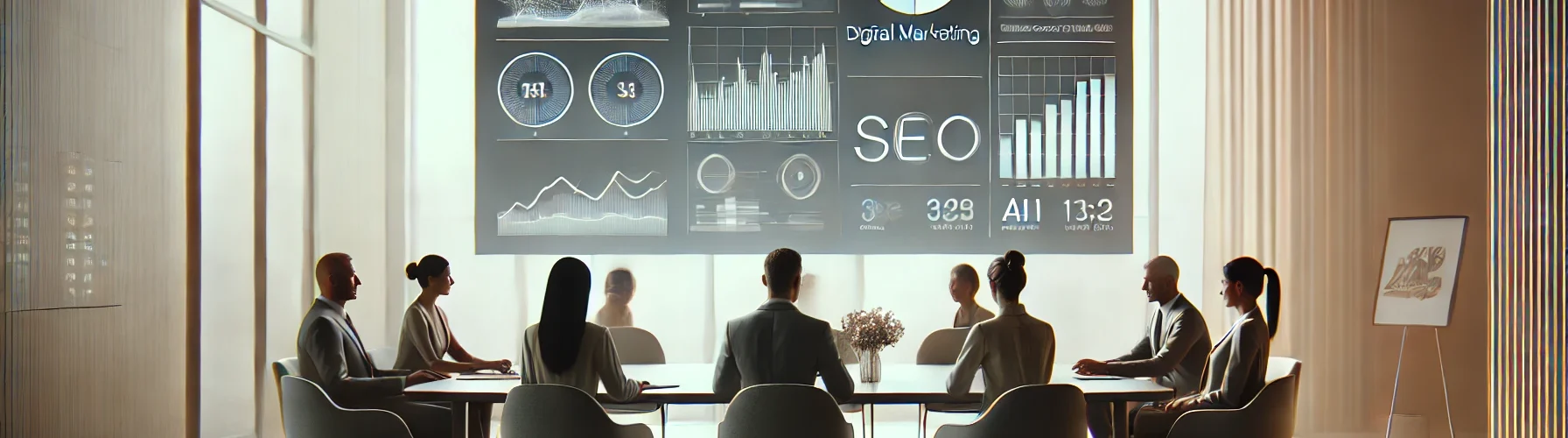a business meeting with digital marketing charts on a large screen. The participants are focused.